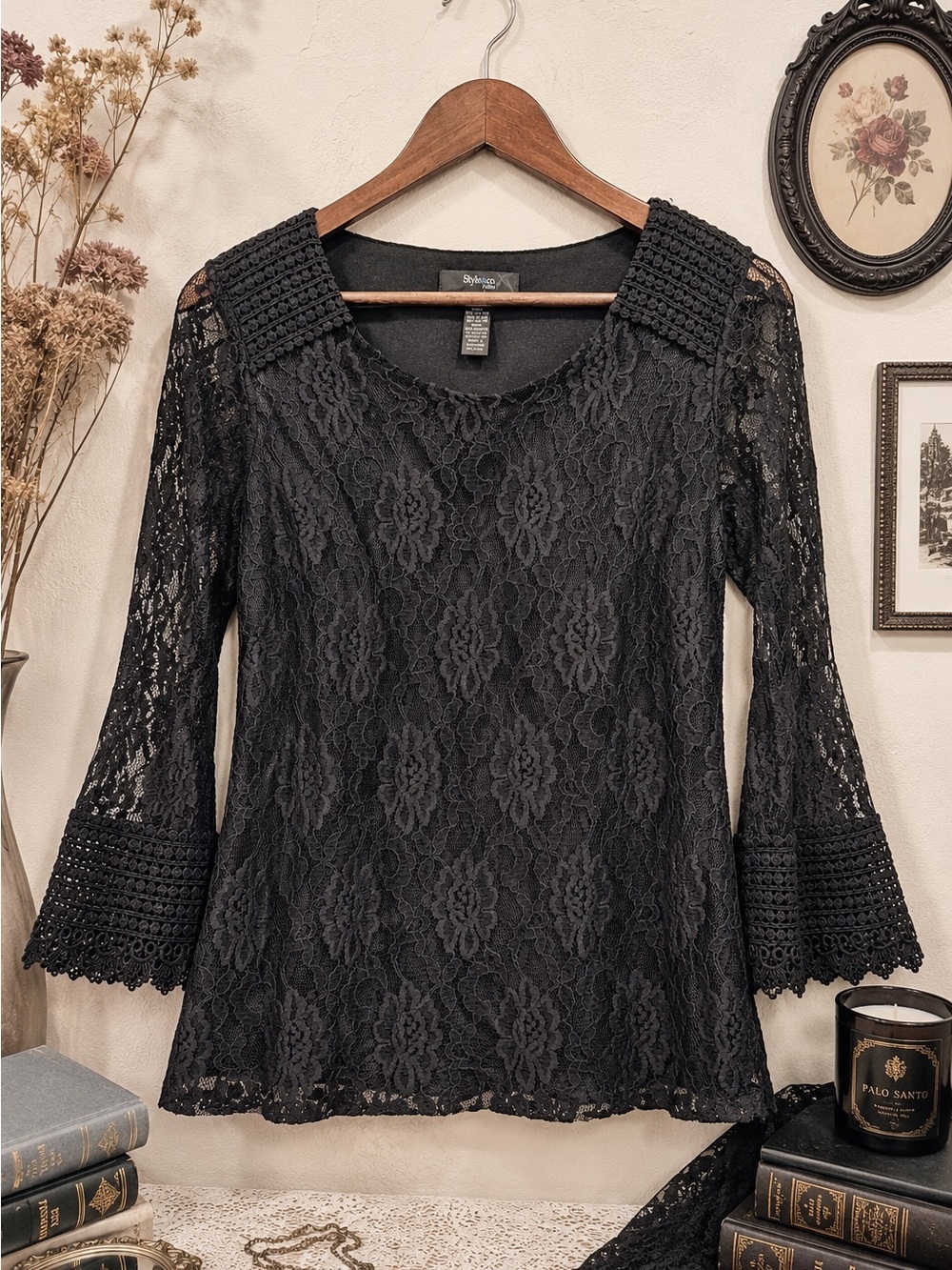 Whimsigoth Dark Academia Gothic Lace Bell Sleeve Top Style&Co PM Black F56